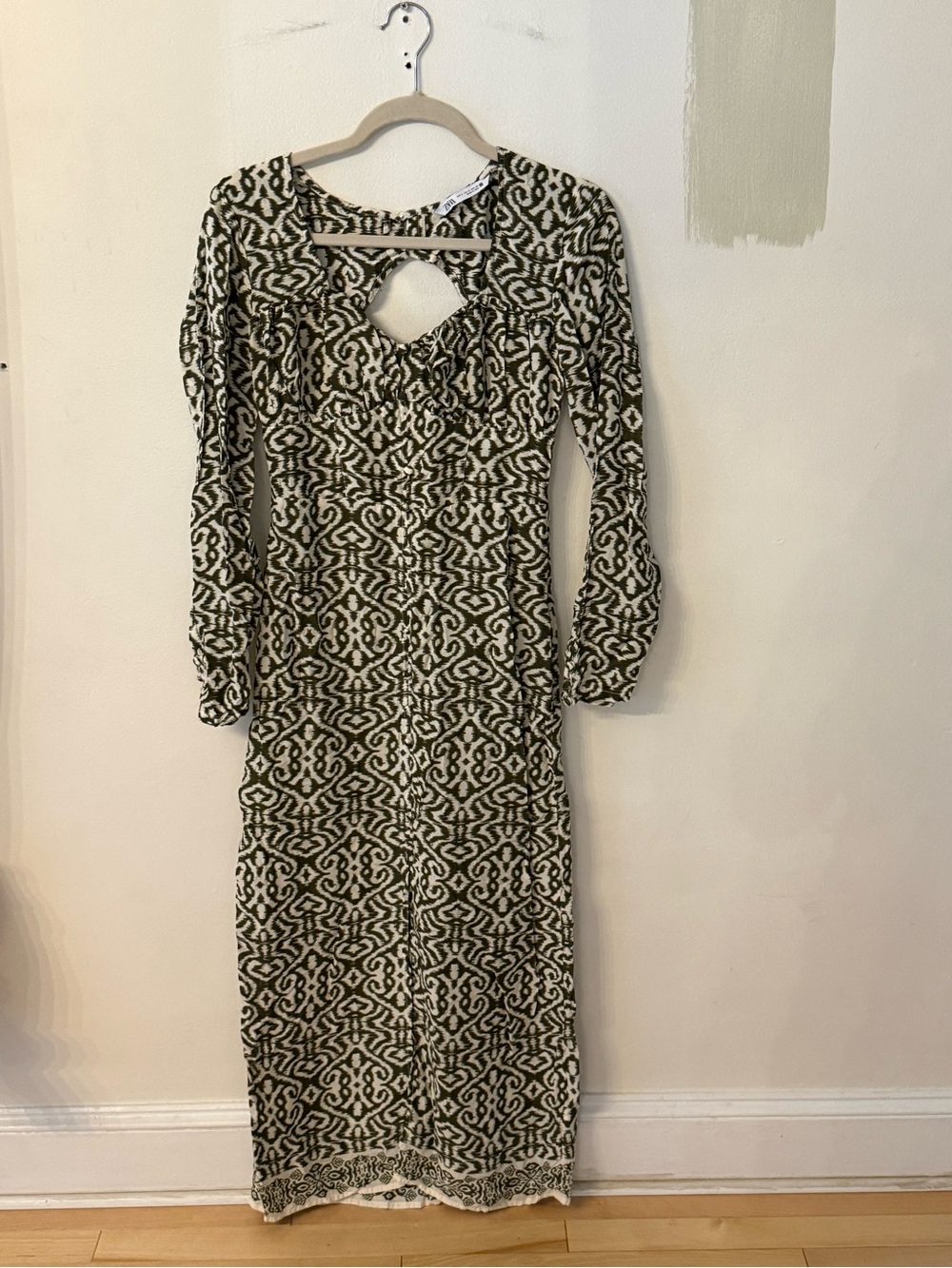 Long Sleeve Cutout Maxi Dress in Olive and Cream